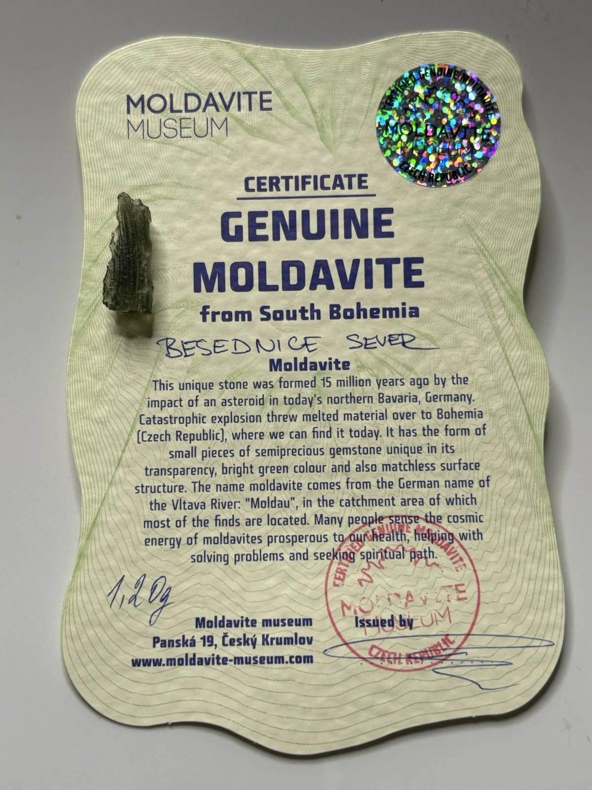 Natural Moldavite Crystal Back