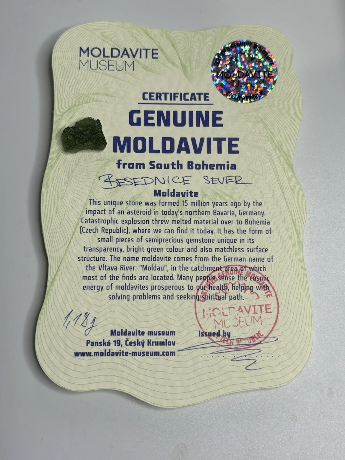 Natural Moldavite Crystal Back