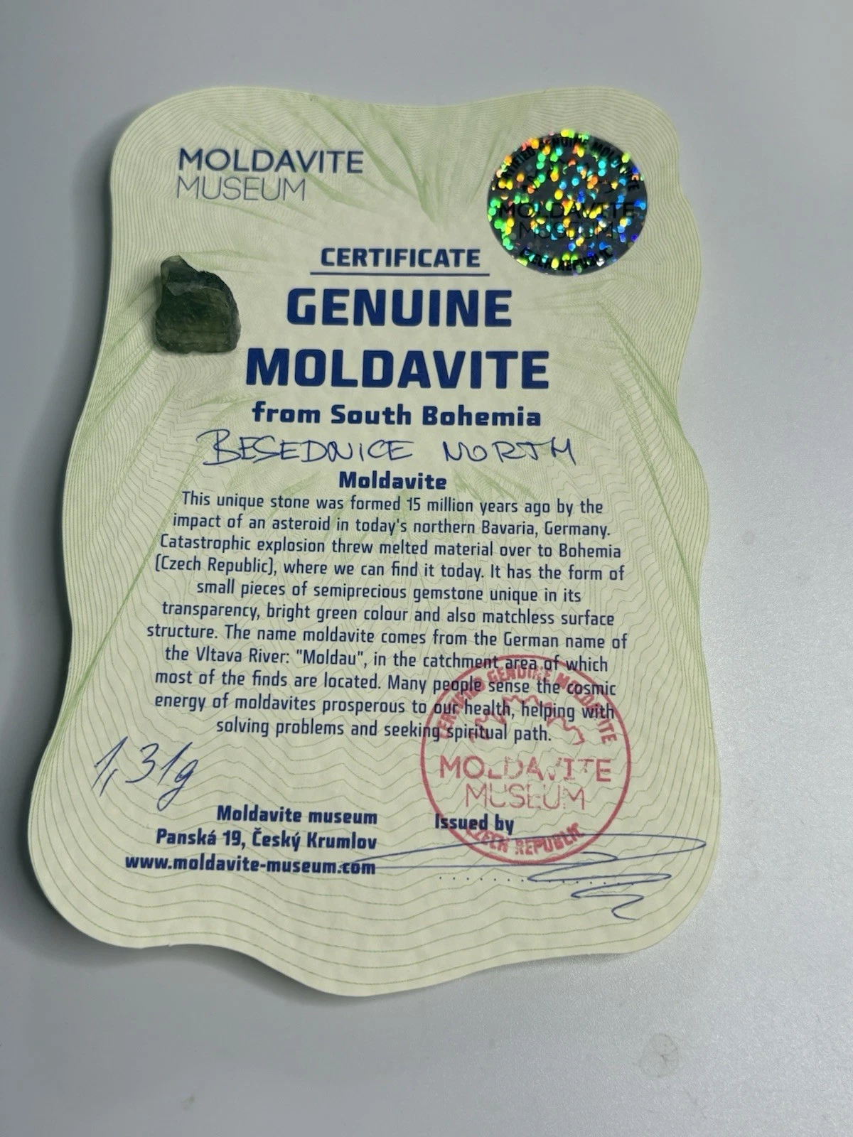 Natural Moldavite Crystal Back