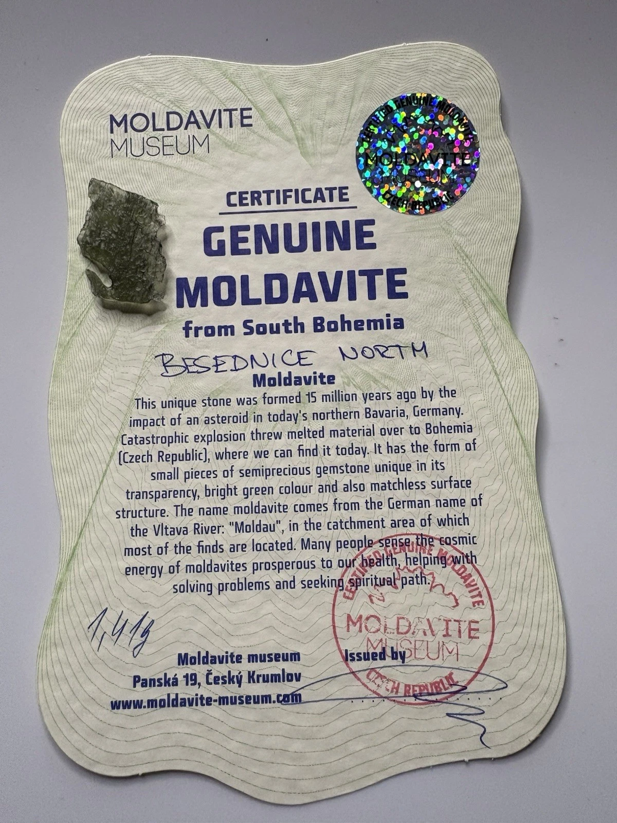 Natural Moldavite Crystal Back