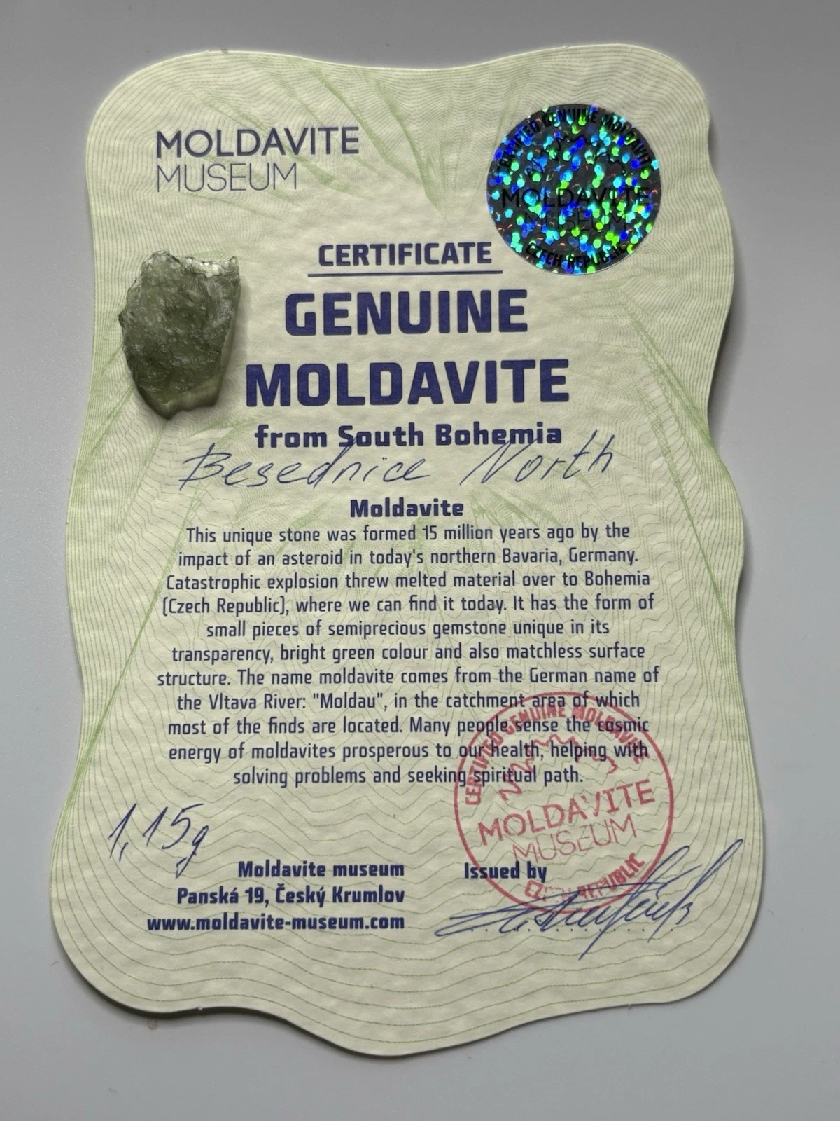 Natural Moldavite Crystal Back
